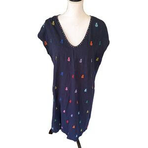 Boden Navy Blue Rainbow Pineapple Embroidered Cotton V-Neck Shift Dress Sz 14L
